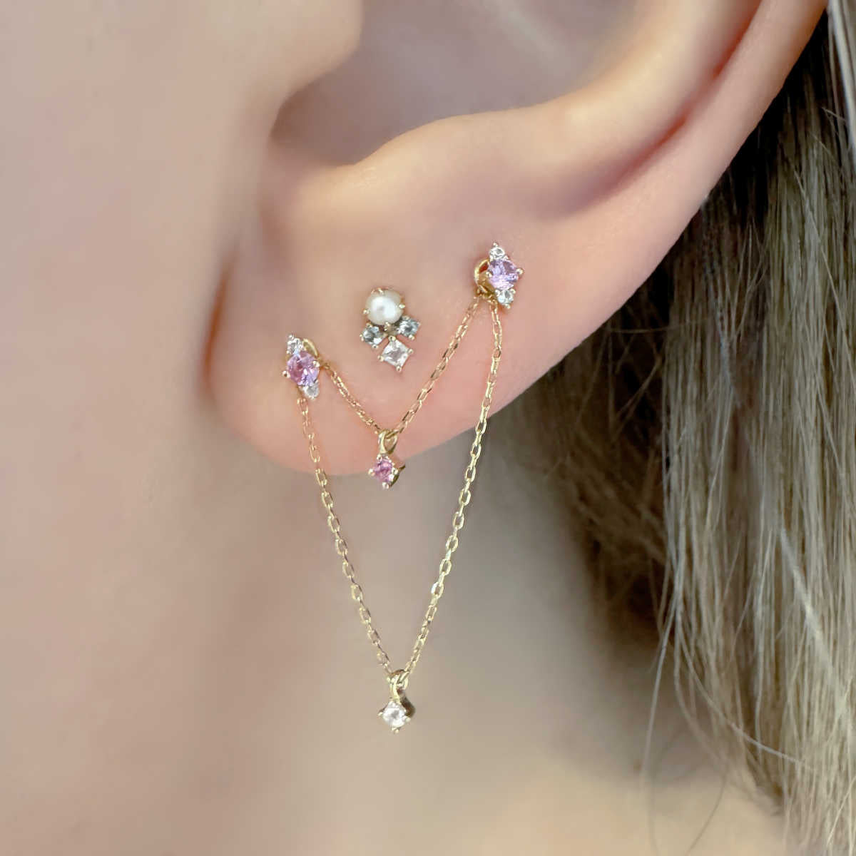 High quality Double Piercing Two Hole Earring | Gold Chain Earring | Piercing Chain Stud Earrings | Solid 14k Yellow Gold Connector Earring