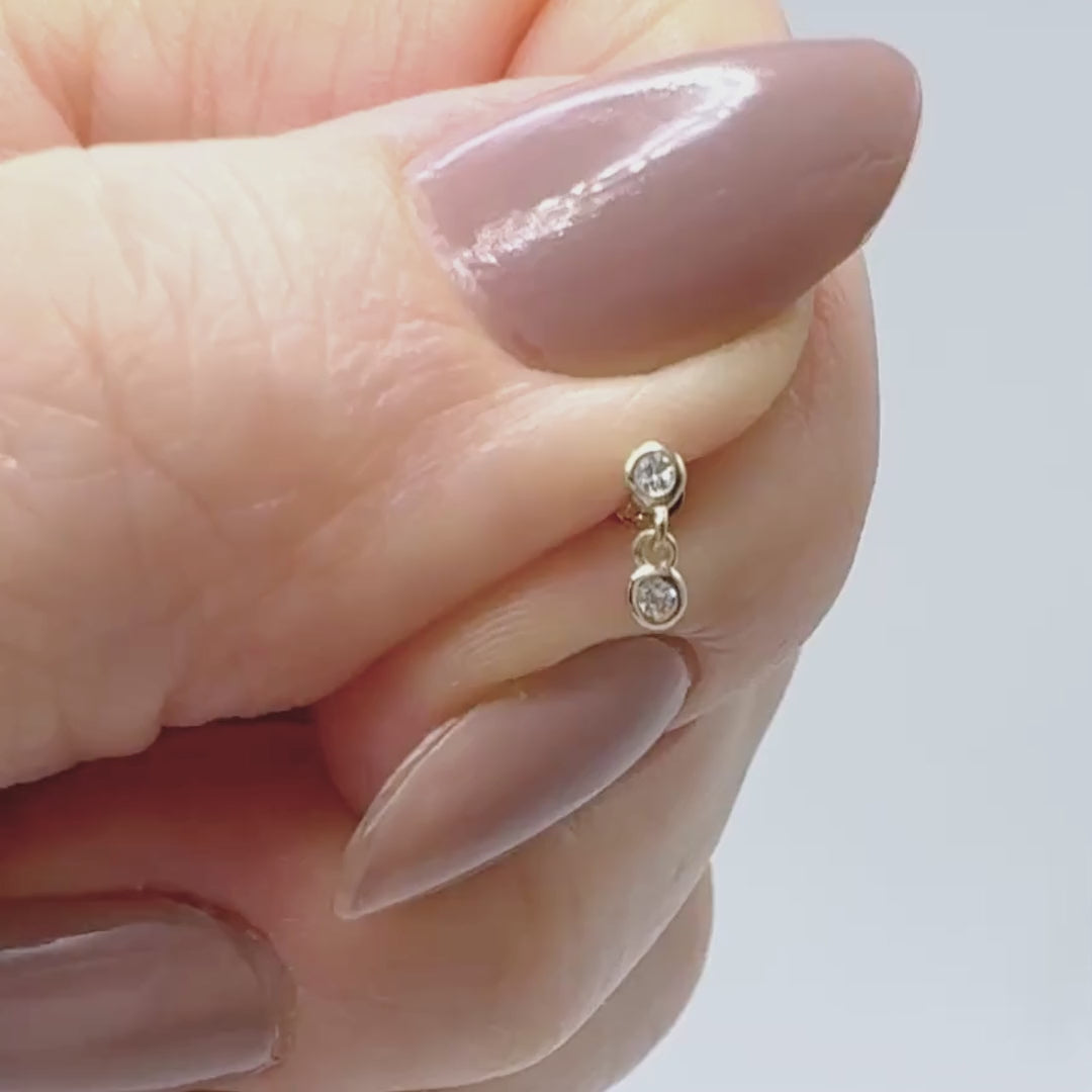 Diamond Dangle Earring, 14K Gold Flat Back Cartilage Piercing Stud for Helix, Tragus, Conch or Lobe