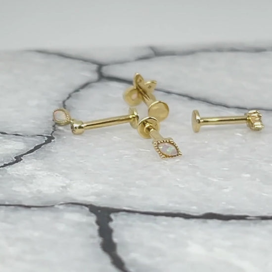 14k Gold Flat Back Cartilage Piercing Earrings | Opal, Diamond & Gemstones | Two of Most Fine Jewelry