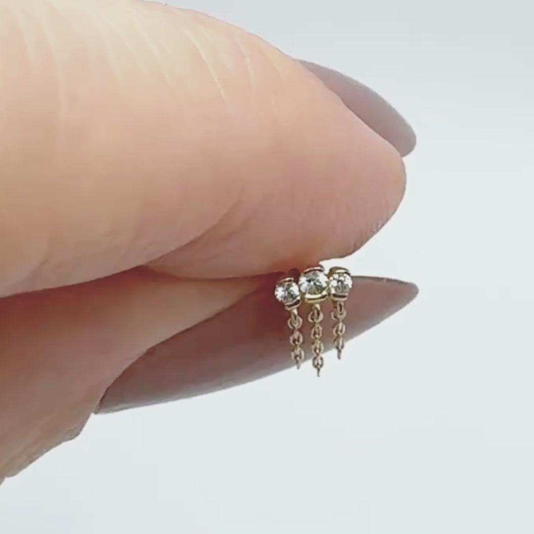 Video of Dangling Chain Flat Back Helix Earring, 14k Gold and White Sapphire Piercing Stud