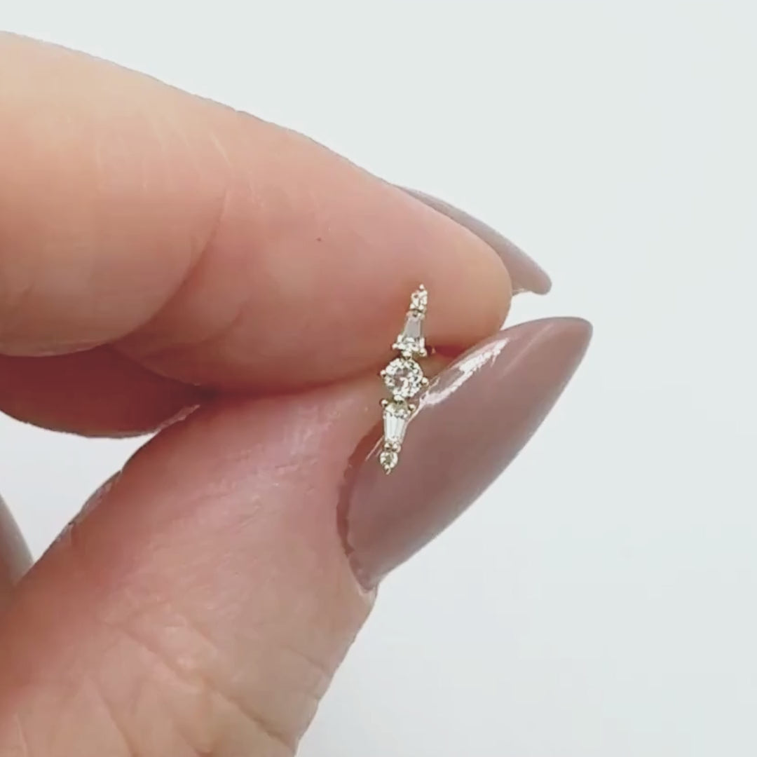 Video of Baguette Spike Earring in 14K Yellow Gold, Flat Back Cartilage Piercing Stud