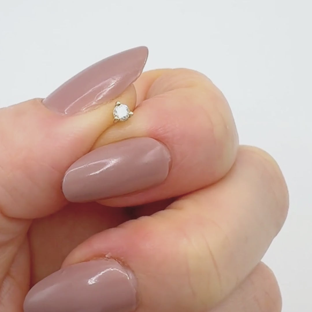 Lab grown diamond solitaire stud, 14K gold flat back cartilage earring for helix, tragus, conch, or lobe piercings