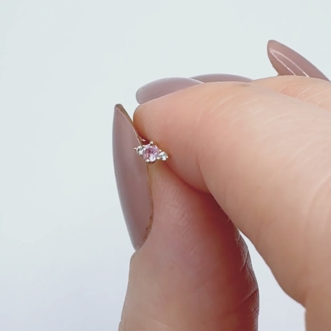 3 Stone Pink Sapphire Earring, 14K Gold Flat Back Cartilage Piercing Stud for Helix, Tragus, Conch or Lobe