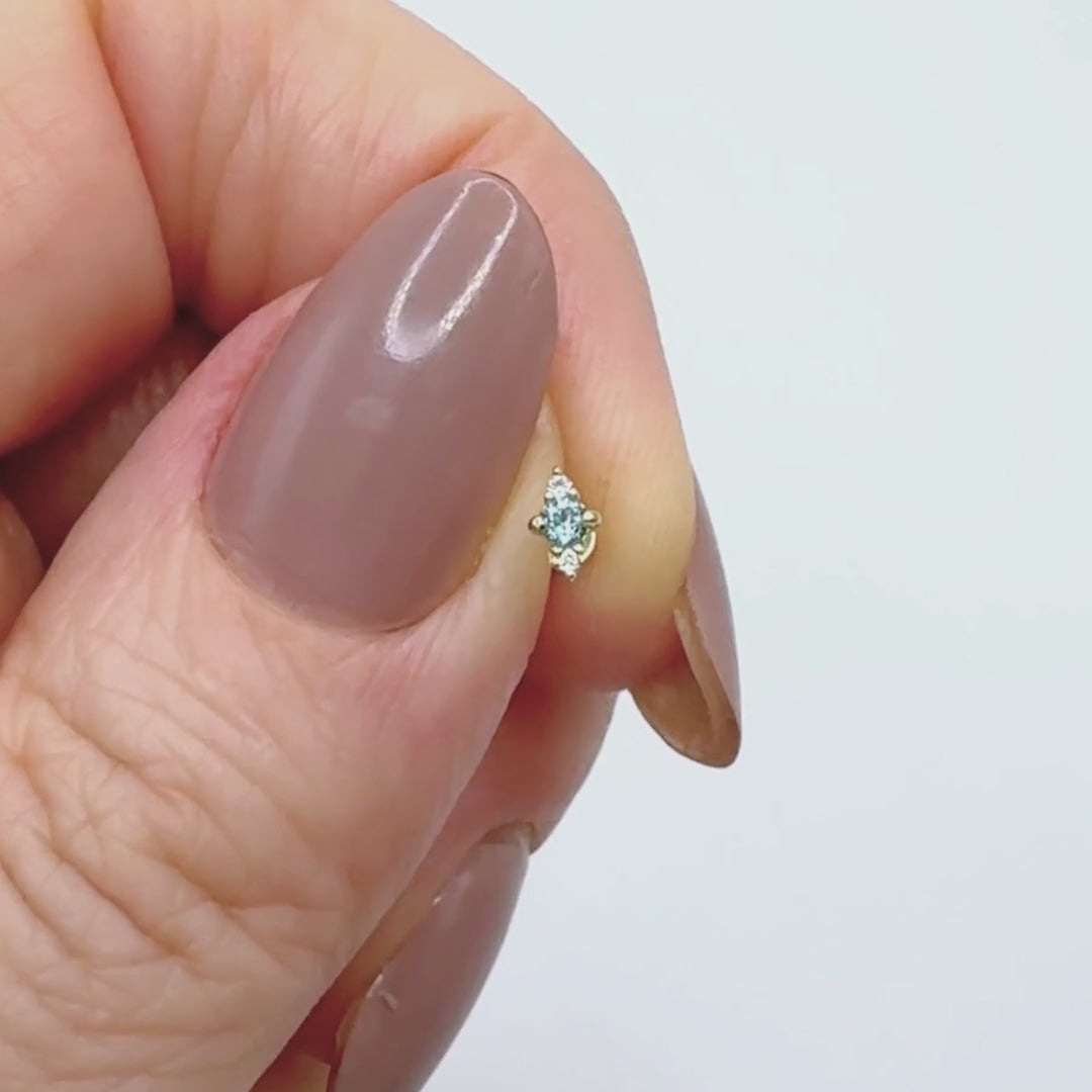 3 Stone Blue Topaz Earring, 14K Gold Flat Back Cartilage Piercing Stud for Helix, Tragus, Conch or Lobe