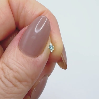 3 Stone Blue Topaz Earring, 14K Gold Flat Back Cartilage Piercing Stud for Helix, Tragus, Conch or Lobe