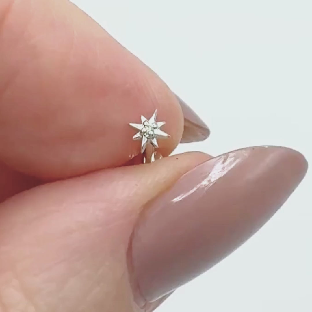 Video of 14k White Gold & Diamond North Star Stud, Flat Back Earring for Cartilage or Lobes