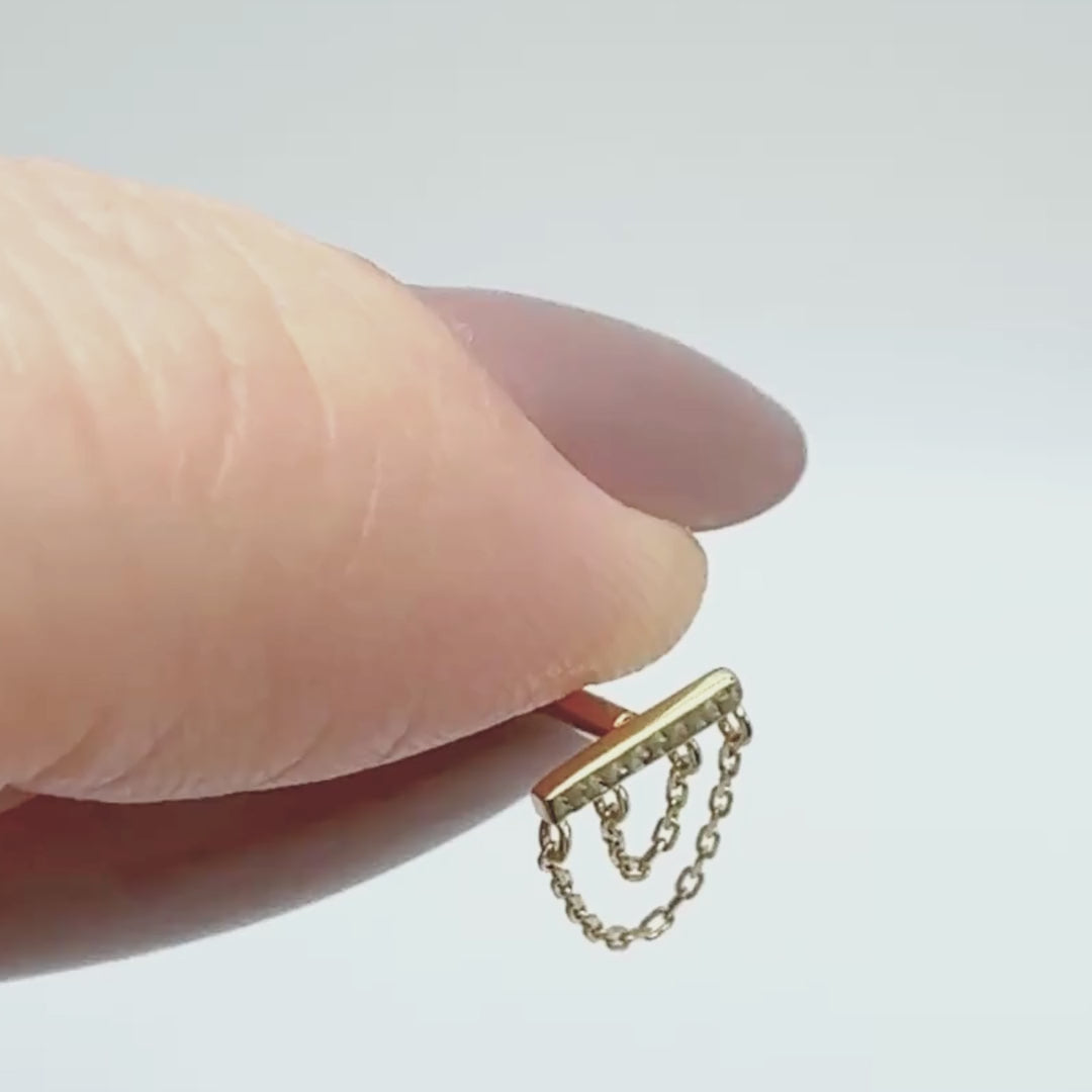 Video of Gold Bar Flat Back Earring with Dangling Chains | 14K Cartilage Piercing Stud