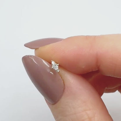 3 Stone Lab Grown Diamond Earring, 14K Gold Flat Back Cartilage Piercing Stud for Helix, Tragus, Conch or Lobe