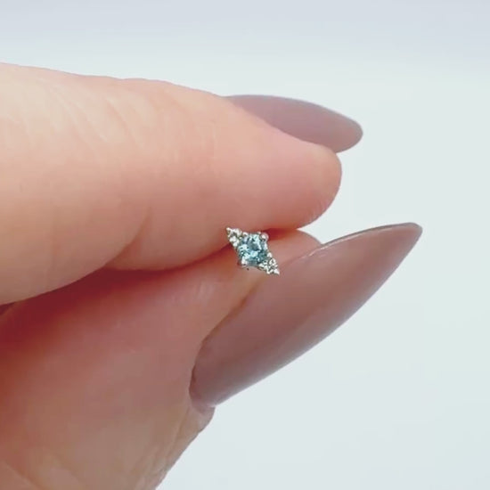 Video of 14k White Gold & Blue Topaz Flat Back Stud Earring for Helix, Tragus, Conch or Lobe 