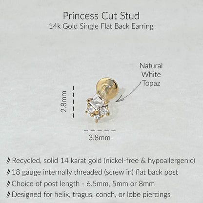 Infographic for Princess Cut Flat Back Earrings | White Topaz Studs for Helix, Tragus, Conch, or Lobe | 14k Yellow Gold 18 Gauge Post in 6.5mm, 5mm or 8mm length