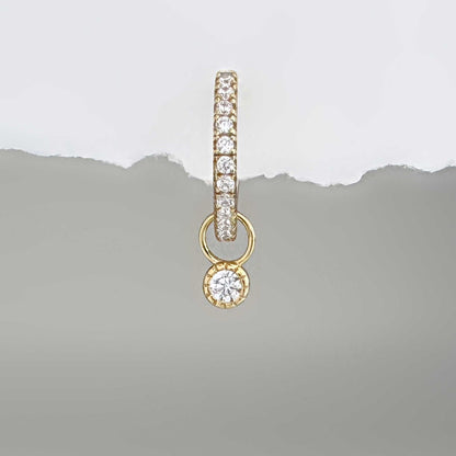 Gold bezel & gemstone  earring charm on a diamond huggie hoop earring