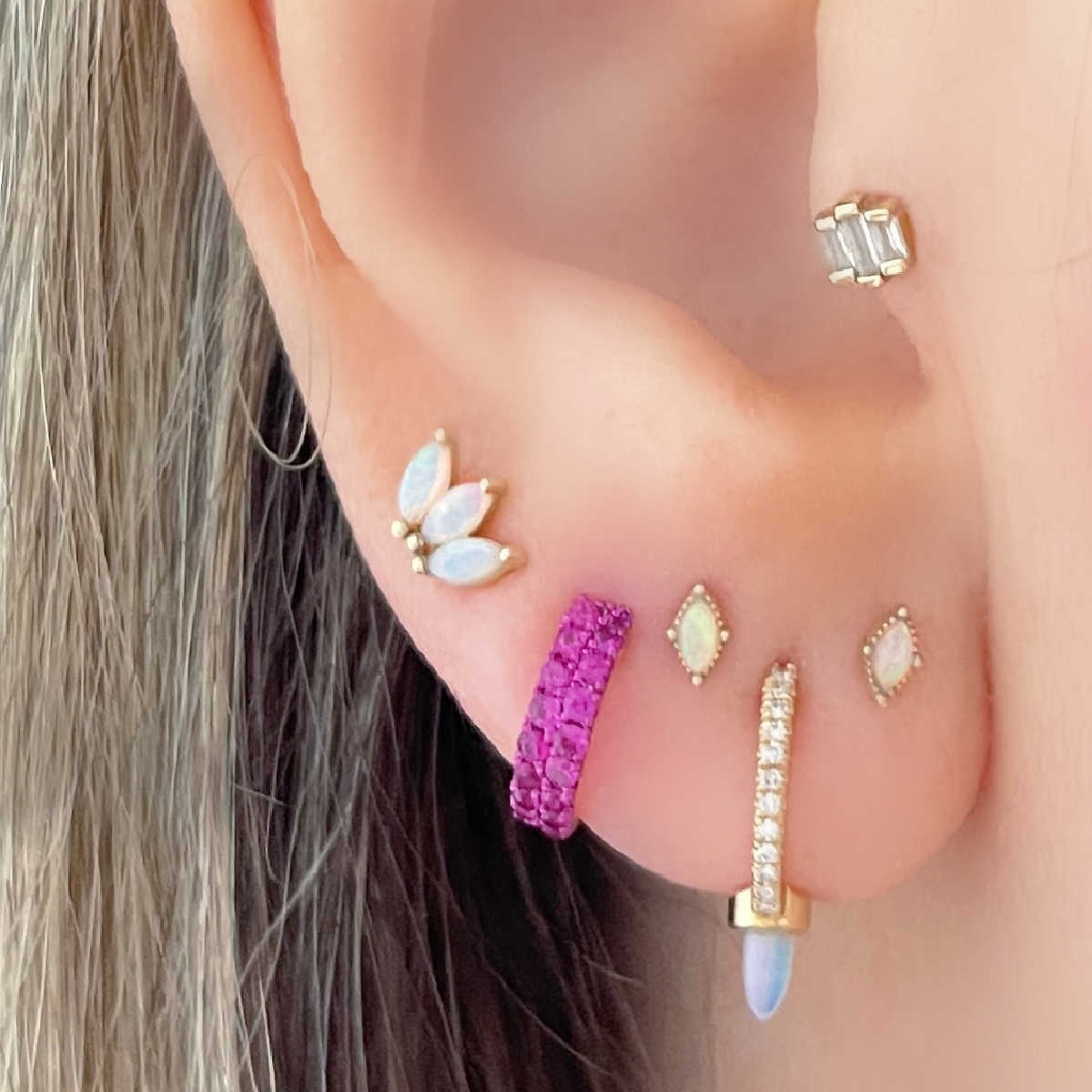Diamond & Opal Flat Back Piercing Earring