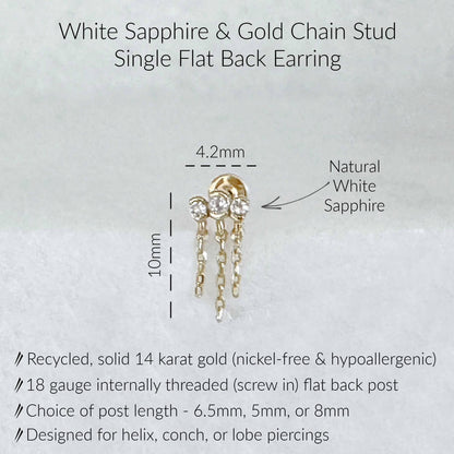 Specs for Dangling Chain Helix Earring in 14k Gold with White Sapphires. Description includes 10mm x 4.2mm dimensions, 18 gauge internally threaded screw back post with choice of post length. Made from recycled, nickel-free, hypoallergenic gold