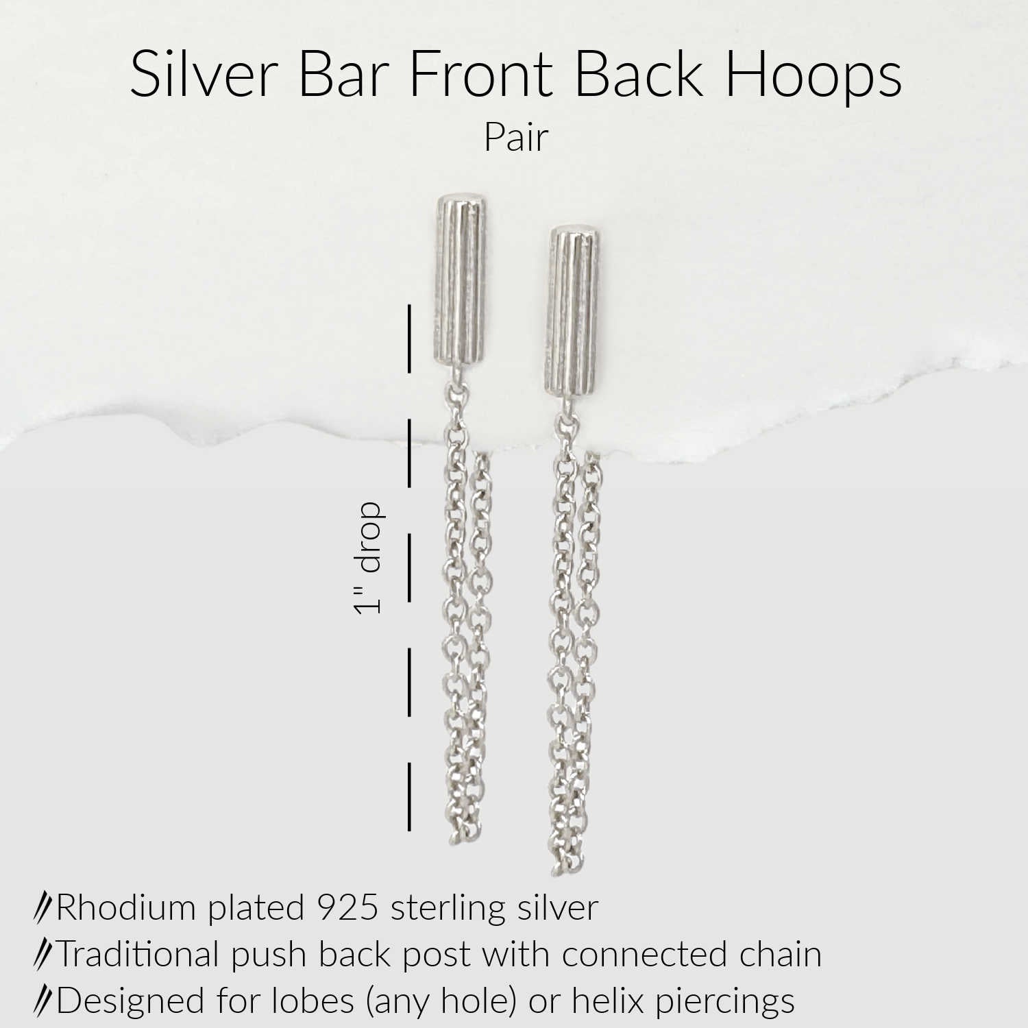 Specs for Silver Bar Front to Back Hoops, 14k Gold Plated Sterling Silver Chain Connected Stud Earring, 1" Drop
