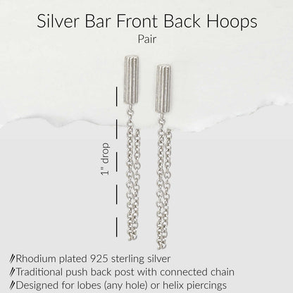 Specs for Silver Bar Front to Back Hoops, 14k Gold Plated Sterling Silver Chain Connected Stud Earring, 1" Drop