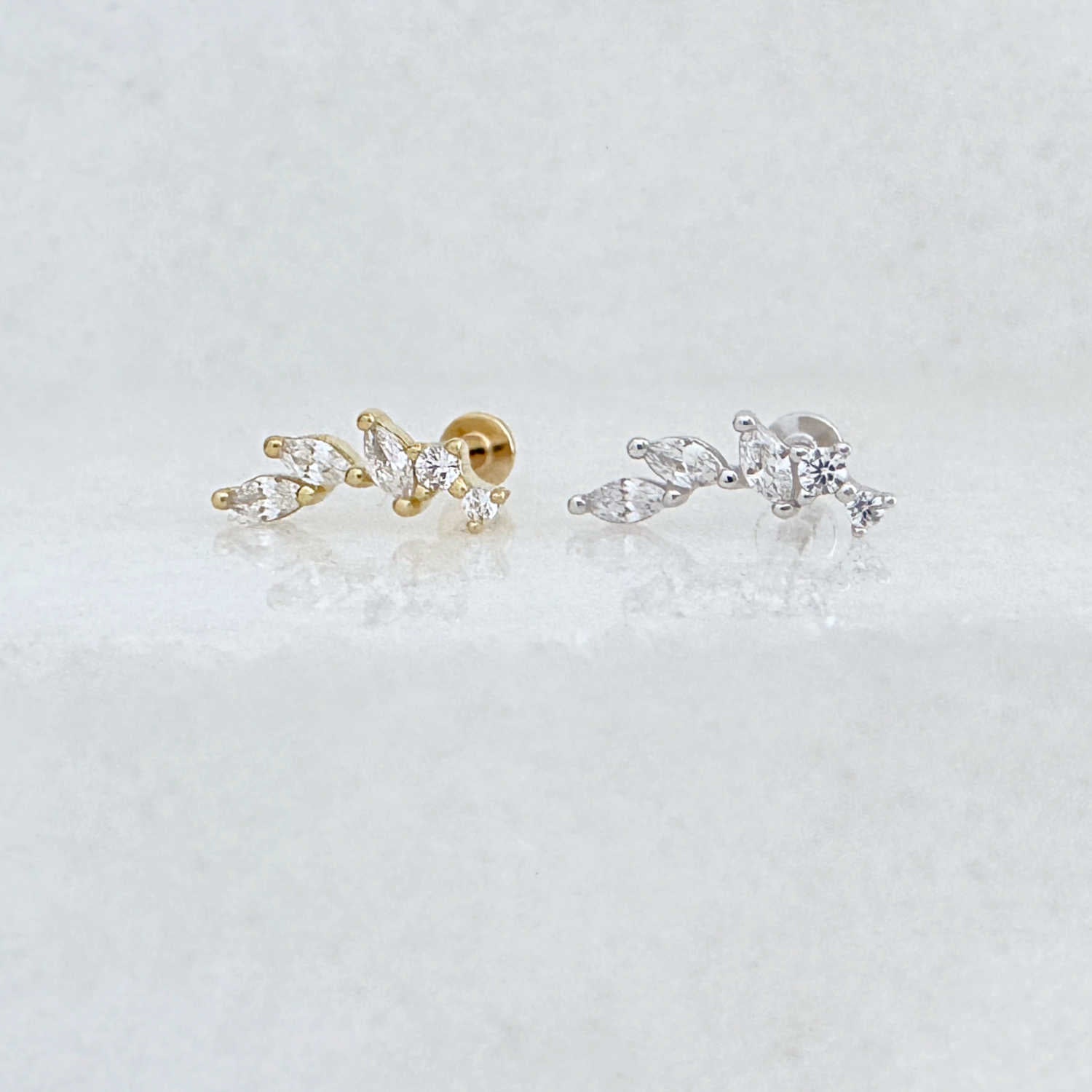 Silver & gold plated flat back earrings, vine flower studs for helix, conch, lobe, or cartilage
