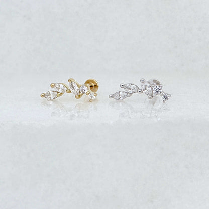 Silver & gold plated flat back earrings, vine flower studs for helix, conch, lobe, or cartilage