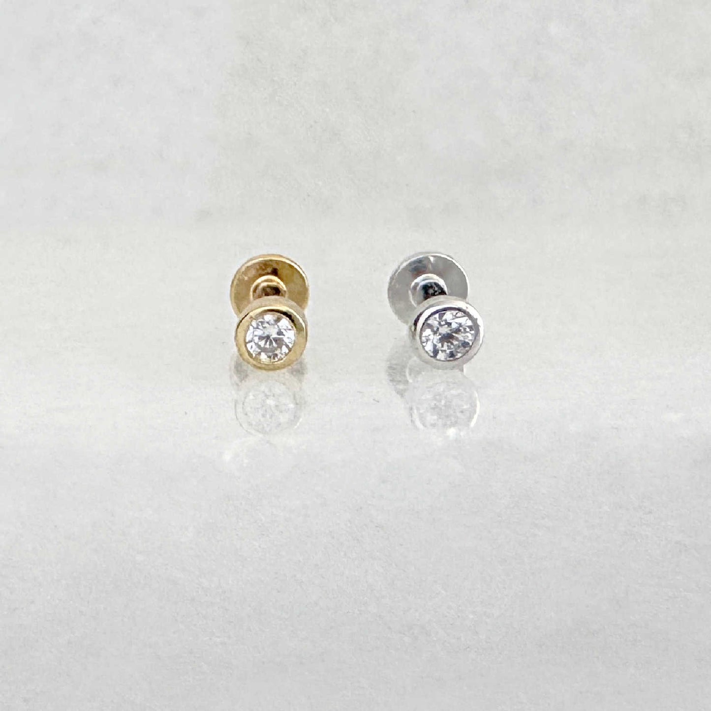 Silver and gold plated flat back earrings, gemstone bezel studs for helix, tragus, conch, or cartilage