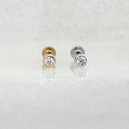 Silver and gold plated flat back earrings, gemstone bezel studs for helix, tragus, conch, or cartilage