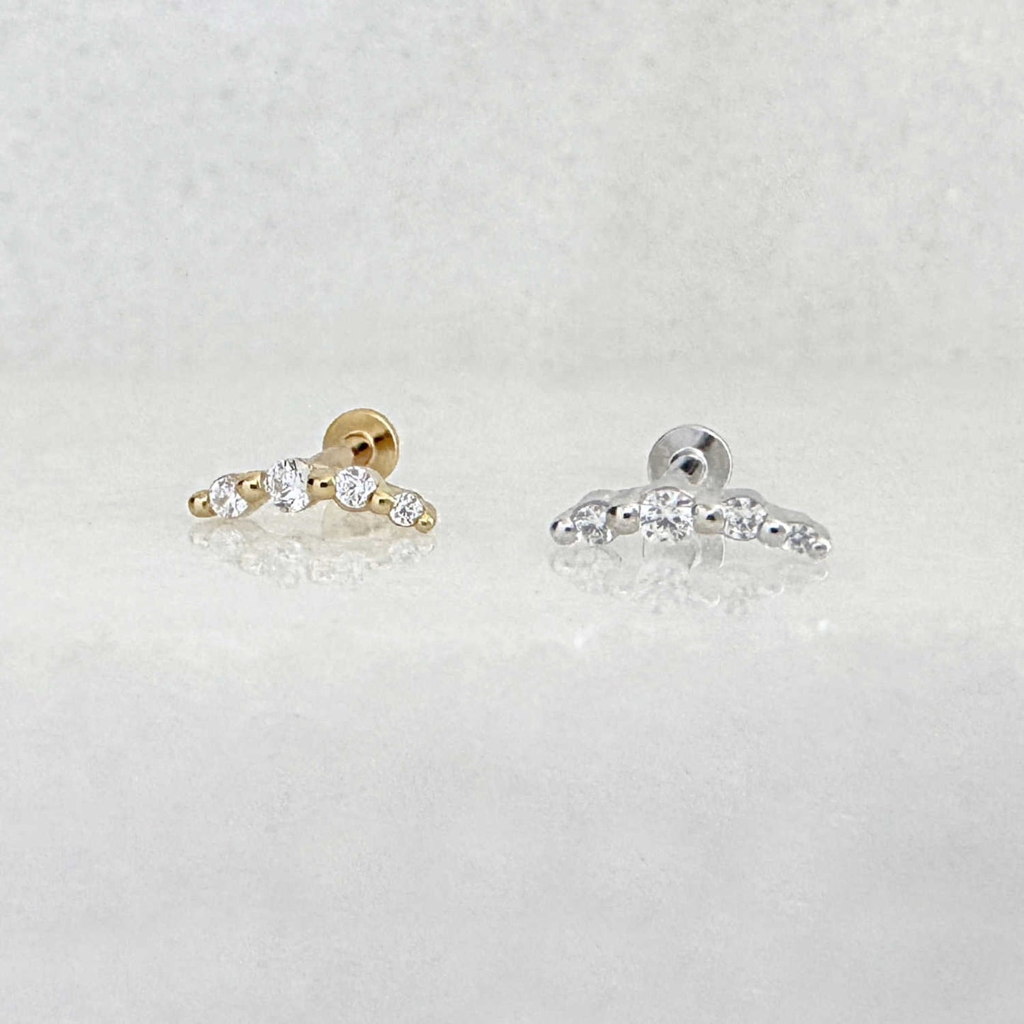 Silver flat back earrings, curved bar gemstone studs for helix, conch, lobe, or cartilage