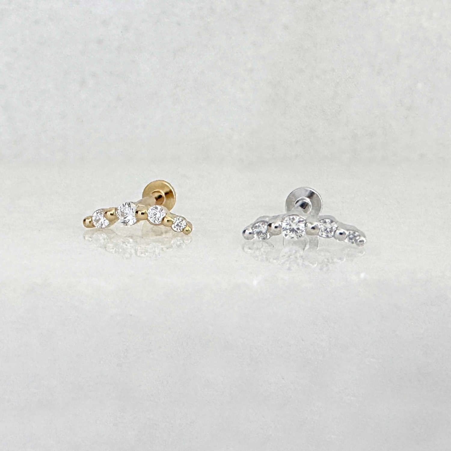 Silver flat back earrings, curved bar gemstone studs for helix, conch, lobe, or cartilage