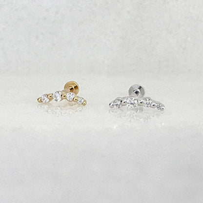 Silver flat back earrings, curved bar gemstone studs for helix, conch, lobe, or cartilage