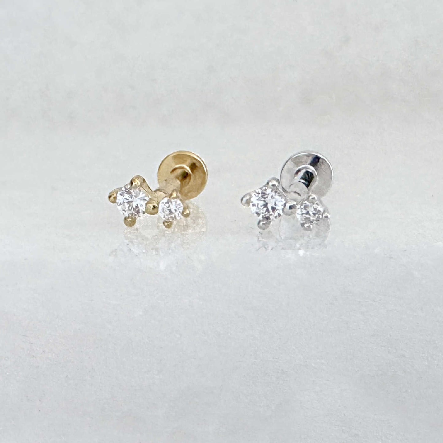 Silver and gold plated flat back earrings, gemstone two-stone studs for helix, tragus, conch, or cartilage
