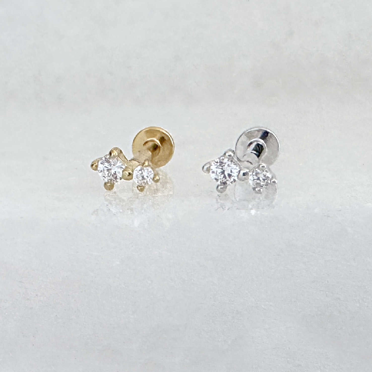 Silver and gold plated flat back earrings, gemstone two-stone studs for helix, tragus, conch, or cartilage