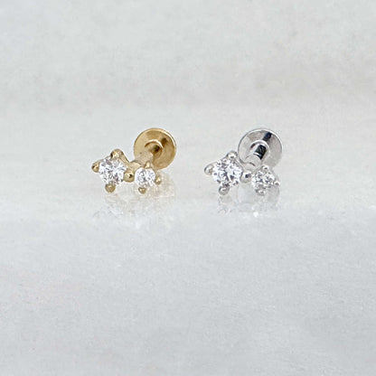 Silver and gold plated flat back earrings, gemstone two-stone studs for helix, tragus, conch, or cartilage