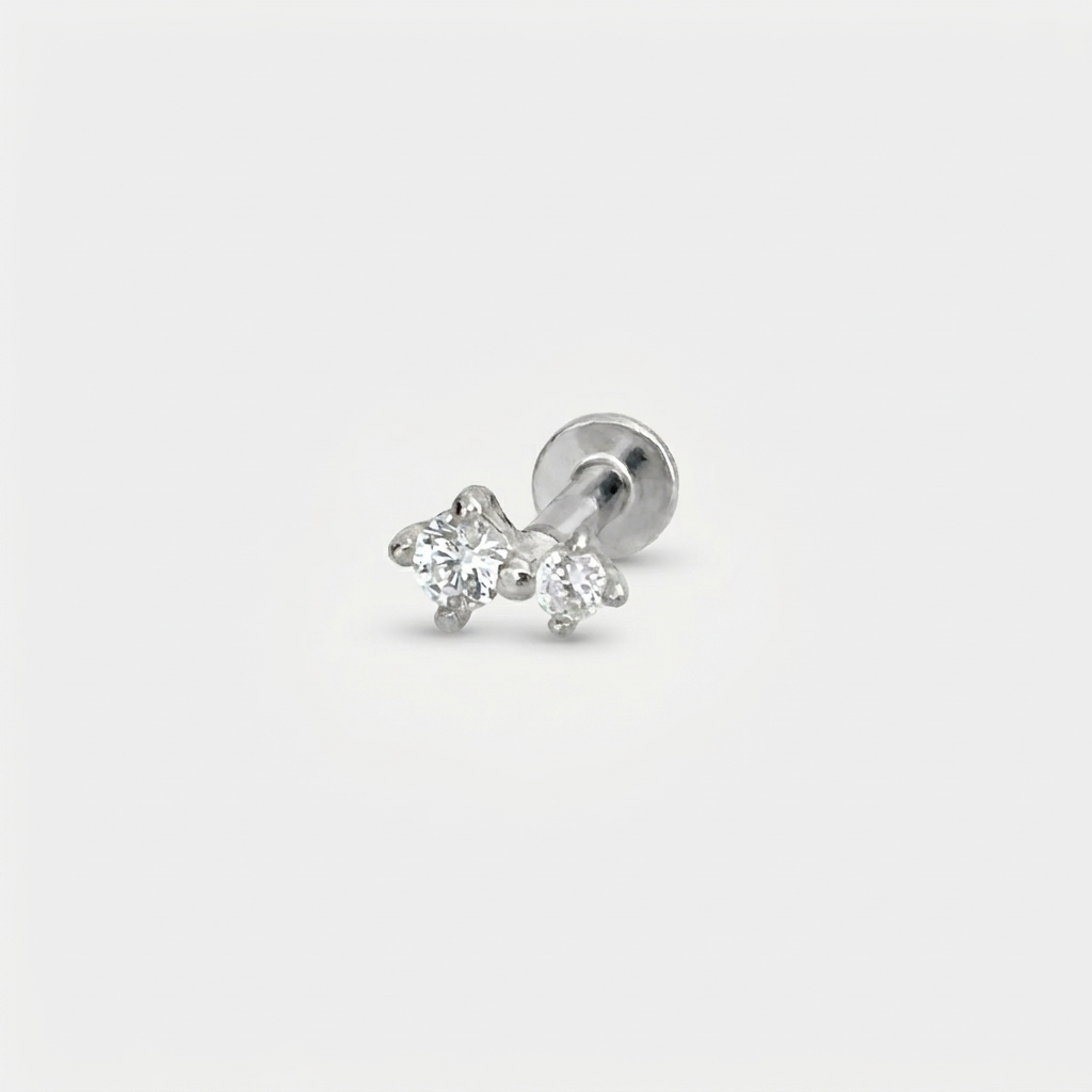 Sterling Silver flat back earrings,two-stone gemstone studs for helix, tragus, conch, or cartilage