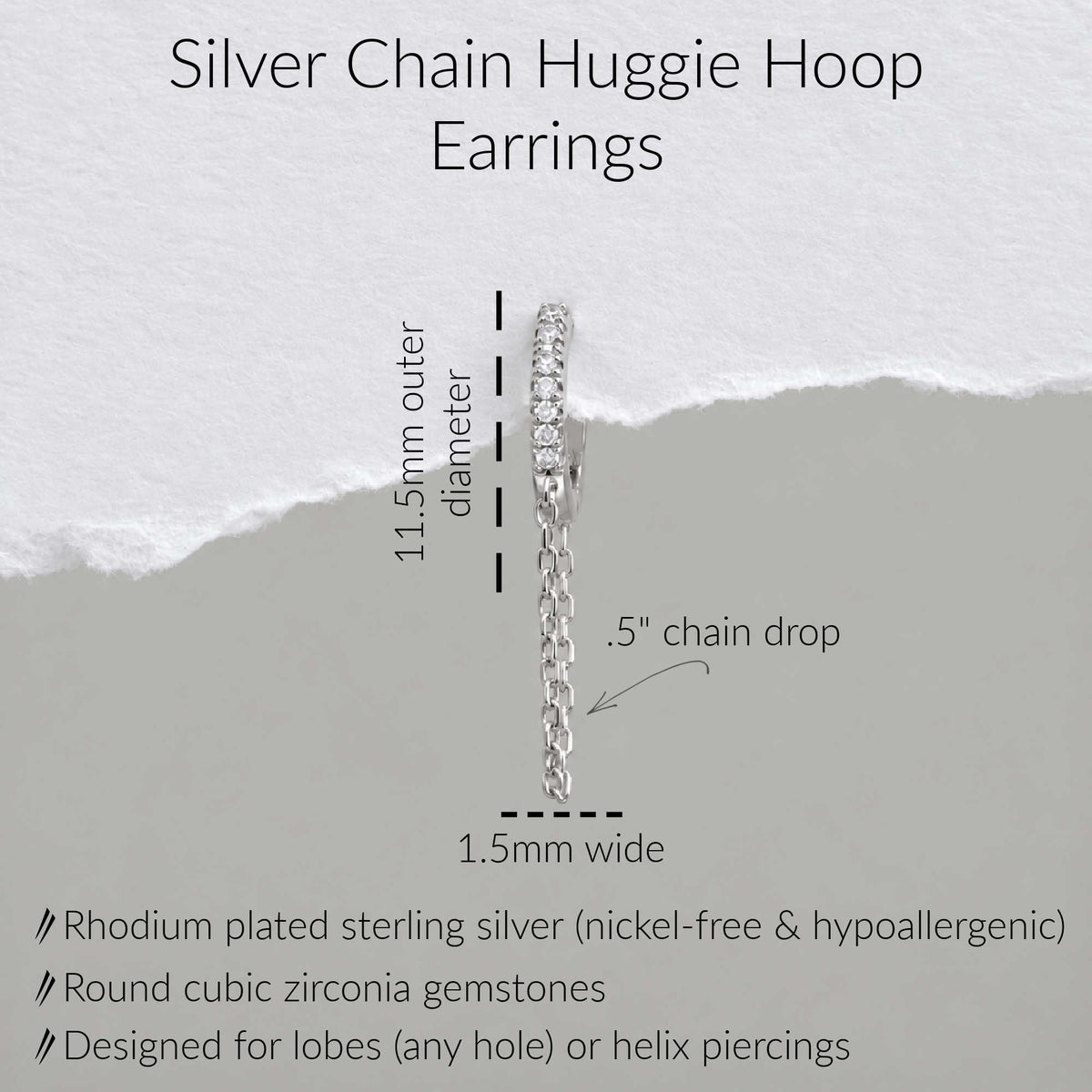 Silver chain huggie hoop earrings shown with overlaid dimension labels reading 11.5mm outer diameter and .5" chain drop.