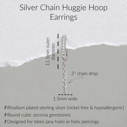 Silver chain huggie hoop earrings shown with overlaid dimension labels reading 11.5mm outer diameter and .5" chain drop.