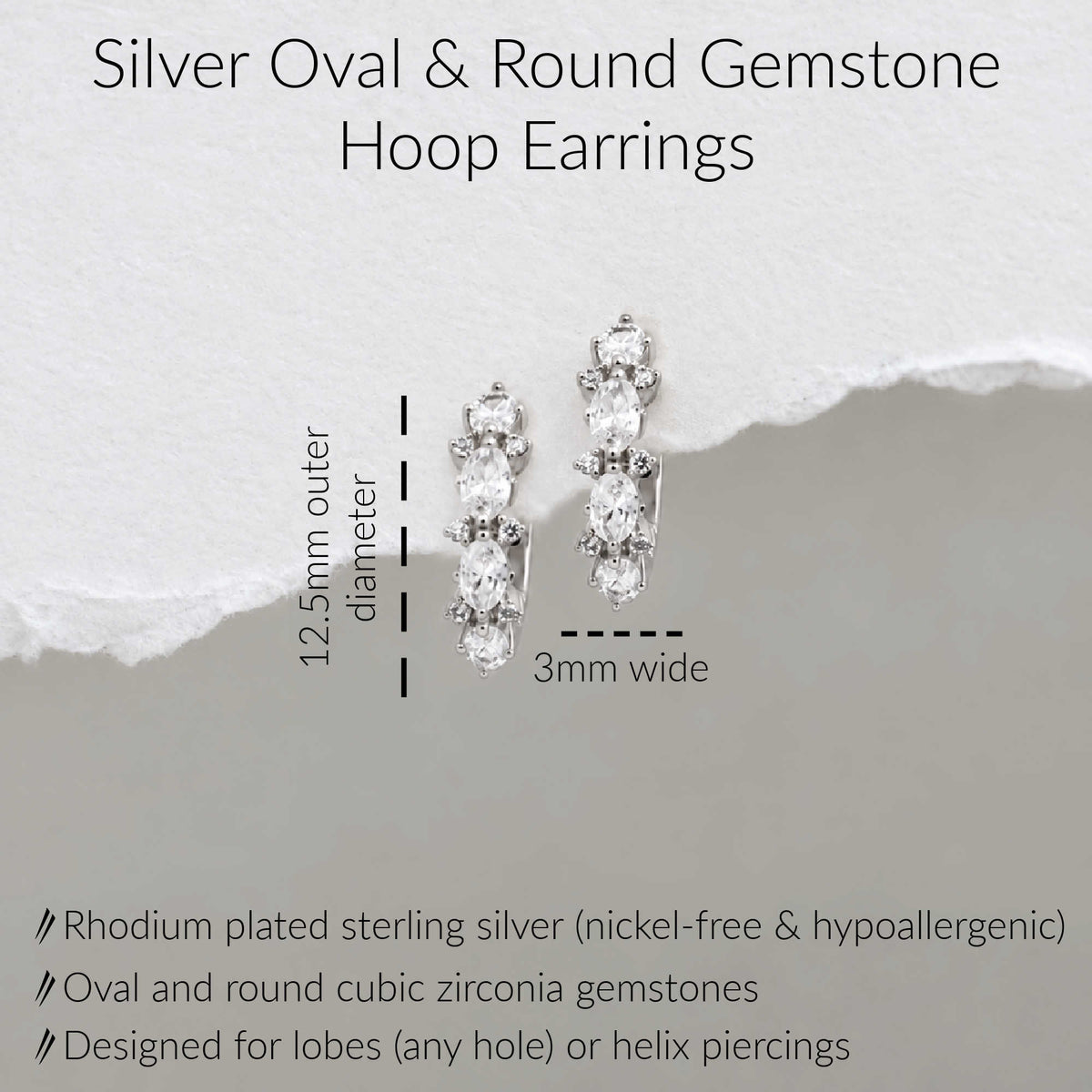 Silver oval and round gemstone hoop earrings shown on a light gray background with text indicating dimensions: 12.5mm outer diameter and 3mm wide.