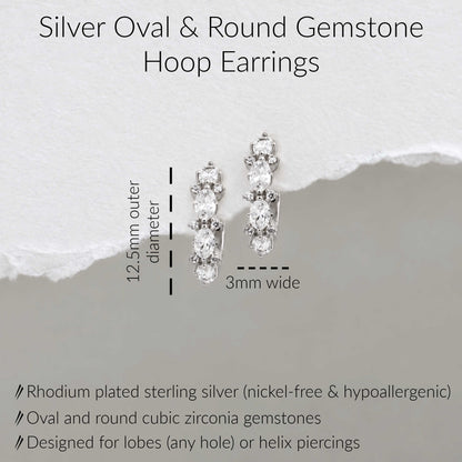 Silver oval and round gemstone hoop earrings shown on a light gray background with text indicating dimensions: 12.5mm outer diameter and 3mm wide.