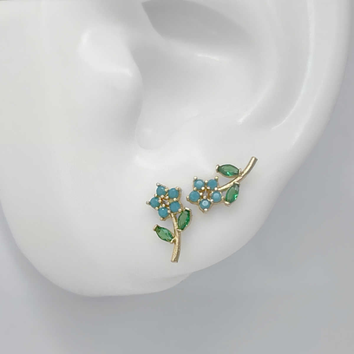 Blue Flower Earrings on Ear, 14K Gold & Turquoise Studs, Two of Most Fine Jewelry