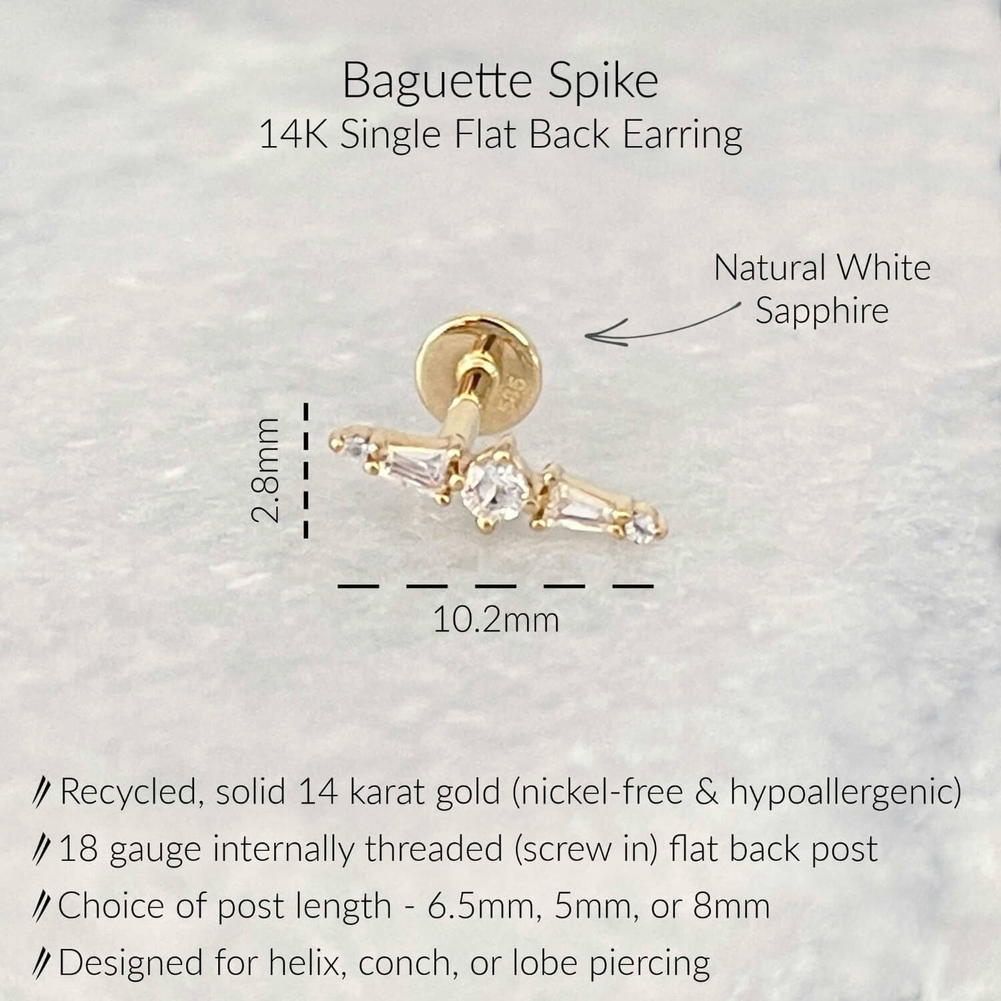 Specs for Baguette Spike Flat Back Earrings | White Sapphire Studs for Helix, Conch, or Lobe | 14k Yellow Gold 18 Gauge Post in 6.5mm, 5mm or 8mm length
