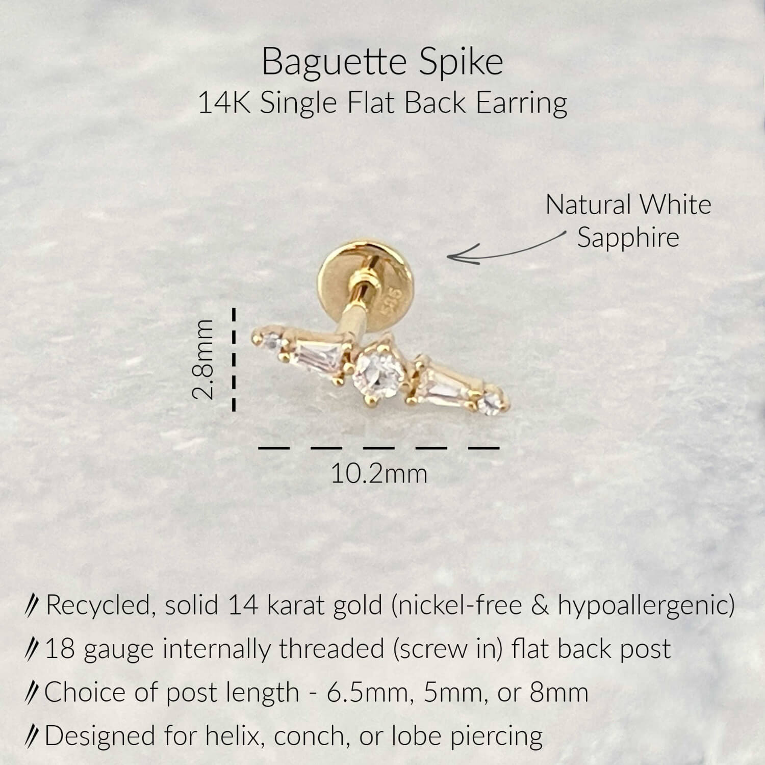 Specs for Baguette Spike Flat Back Earrings | White Sapphire Studs for Helix, Conch, or Lobe | 14k Yellow Gold 18 Gauge Post in 6.5mm, 5mm or 8mm length