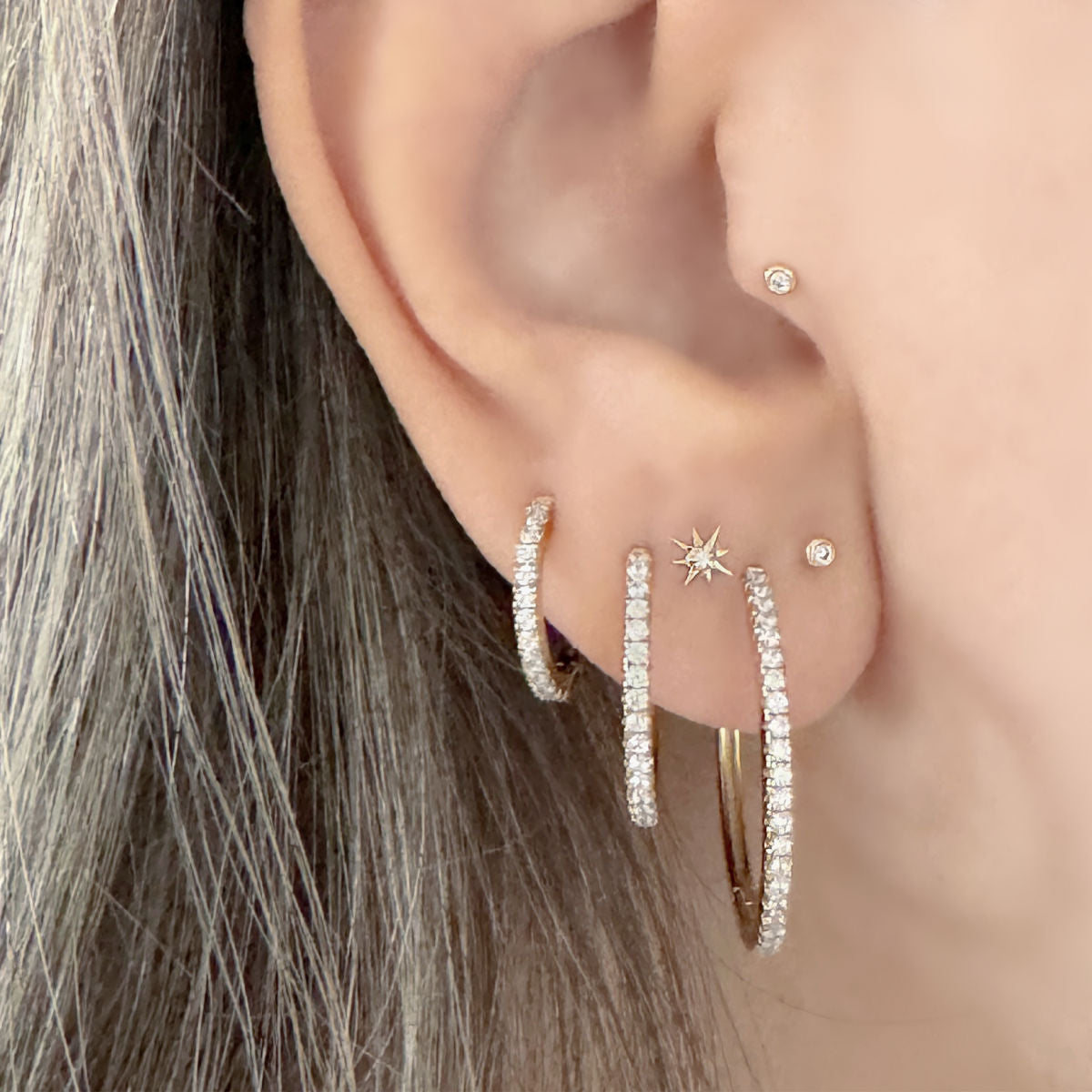 Stacked Gold Plated Gemstone Hoop Earrings on Model, Two of Most