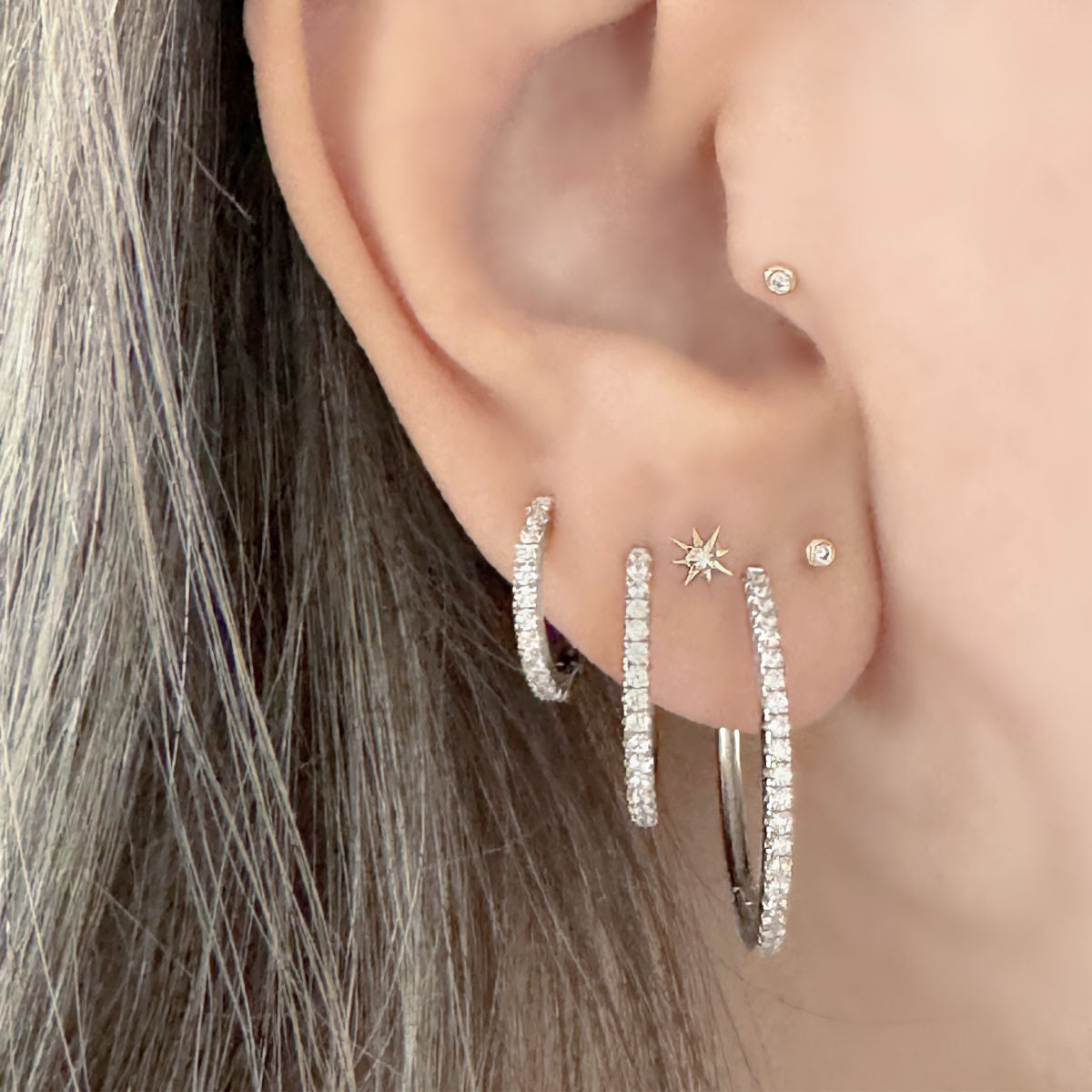 Stacked Sterling Silver & Gemstone Hoops on Model, Two of Most