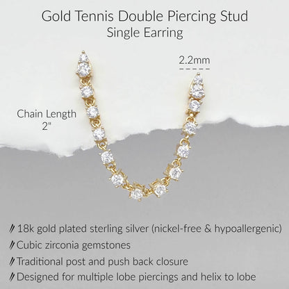 Specs for tennis double piercing earring. Gold plated sterling silver connected stud earring. Cubic zirconia gemstones.  2" long.  Fits double lobe and helix to lobe piercings.