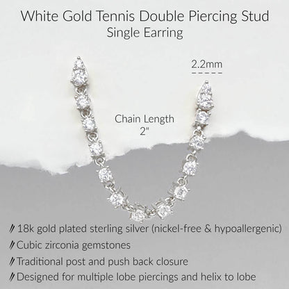 Specs for tennis double piercing earring. White old plated sterling silver connected stud earring. Cubic zirconia gemstones.  2" long.  Fits double lobe and helix to lobe piercings.