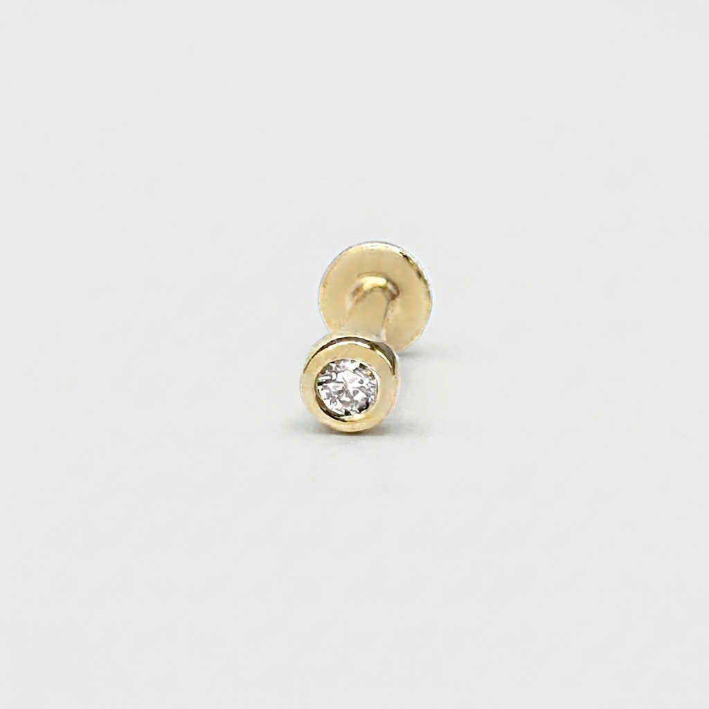 Tiny Diamond Stud, 14k Gold Bezel Flat Back Earring, Cartilage Jewelry for Helix, Tragus, Conch or Lobe