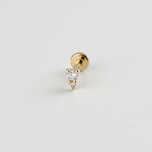 A solid 14k gold flat back stud earring with two diamonds. Tiny Diamond Cartilage Piercing Jewelry for Helix, Tragus, Conch or Lobe