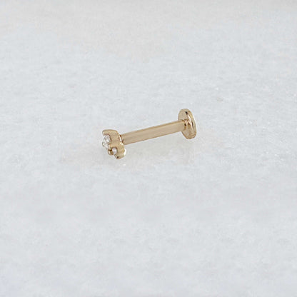 Side view of a solid 14k gold flat back stud earring with two diamonds. Tiny Diamond Cartilage Piercing Jewelry for Helix, Tragus, Conch or Lobe