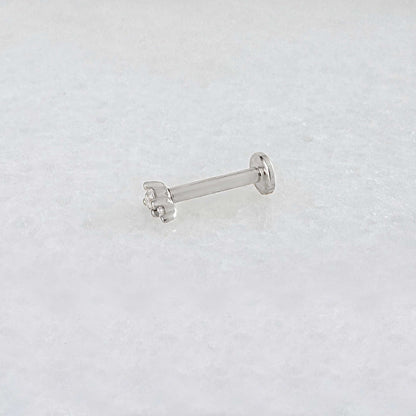 Side view of a solid 14k white gold flat back stud earring with two diamonds. Tiny Diamond Cartilage Piercing Jewelry for Helix, Tragus, Conch or Lobe