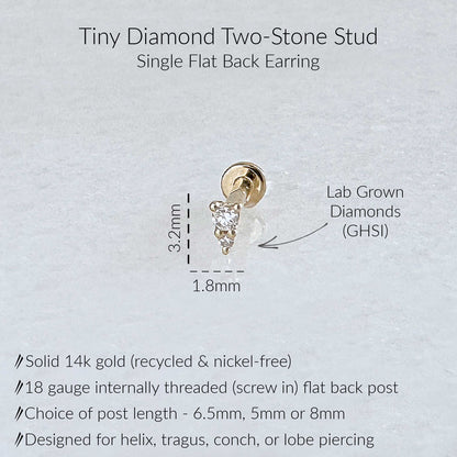A product information graphic for a Tiny Diamond Two-Stone Stud single flat back earring. The image shows a small gold earring with a diamond gemstone, accompanied by text detailing its features: solid 14k yellow gold, 18 gauge flat back, and GHSI lab grown diamonds.