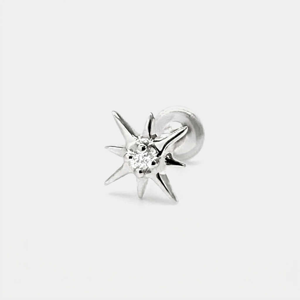 North Star Earring , 14k White Gold and Diamond Flat Back Stud, Cartilage Jewelry for Helix, Tragus, Conch or Lobe Piercing
