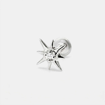 North Star Earring , 14k White Gold and Diamond Flat Back Stud, Cartilage Jewelry for Helix, Tragus, Conch or Lobe Piercing