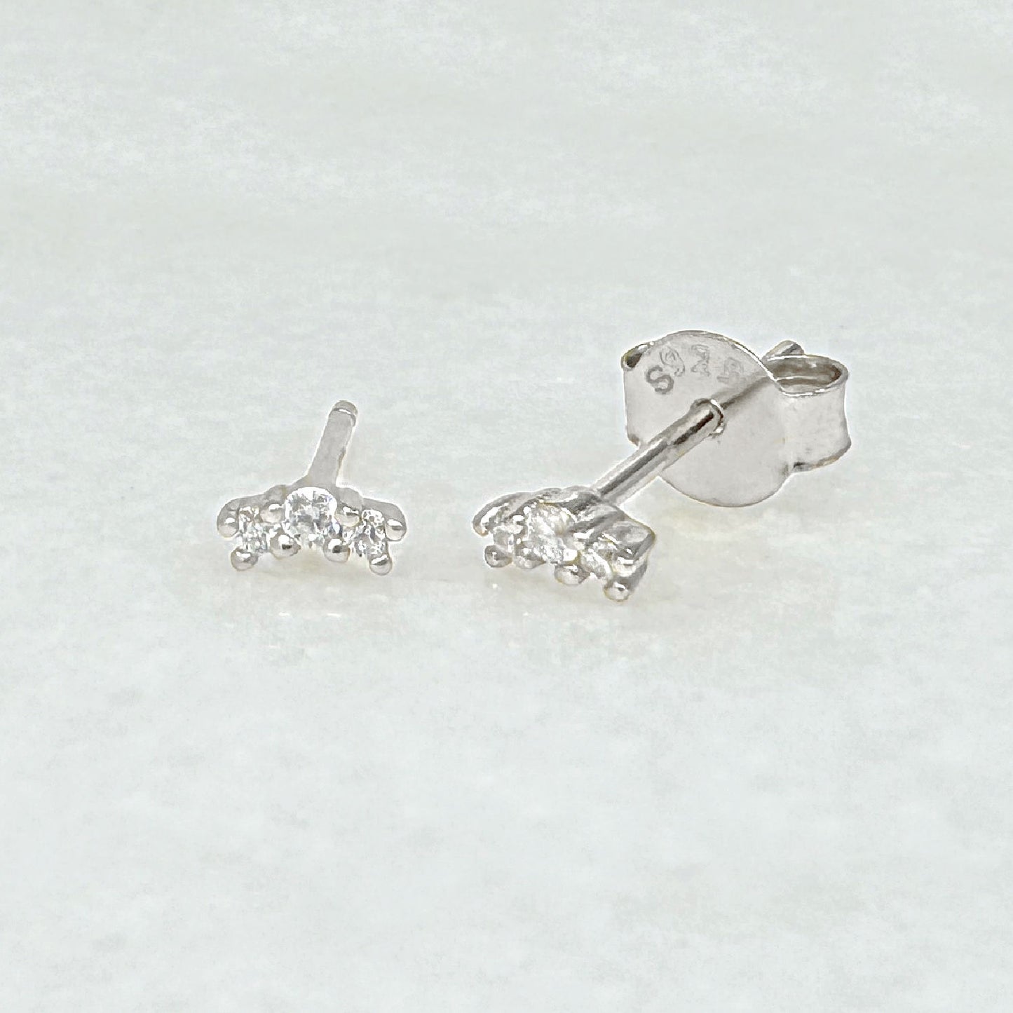 Curved Bar 3-Stone Stud Earrings, Sterling Silver & CZ, Two of Most