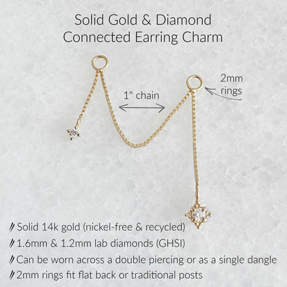 Gold dangle earring charm with a lab diamond pendant on a textured white background, featuring text labels for the 1-inch chain, 2mm rings, and product specifications.